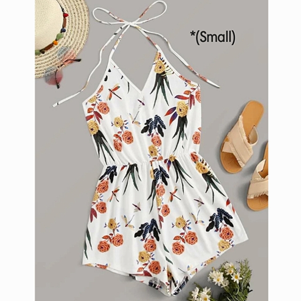 *SHEIN Halter Romper in White Tropical Print Size Small EUC